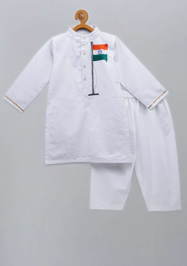 White Embroidered Cotton Kurta Set Independence Day Republic Day For Boys - Indya