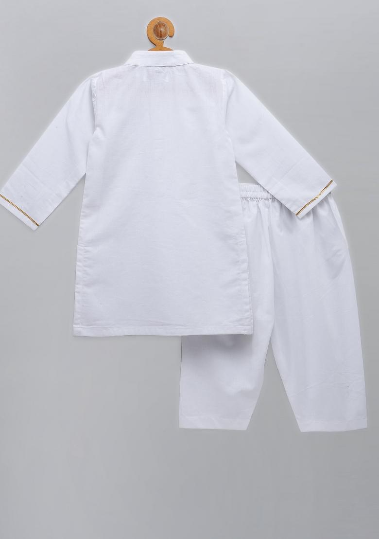 White Embroidered Cotton Kurta Set Independence Day Republic Day For Boys