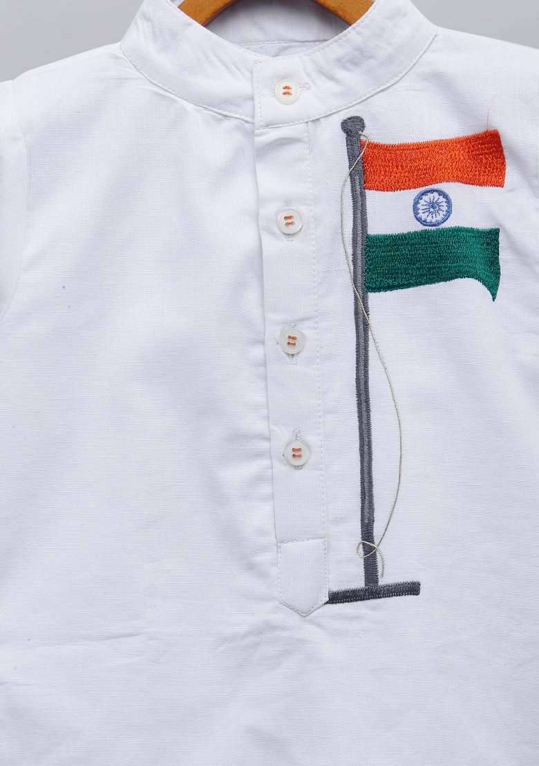 White Embroidered Cotton Kurta Set Independence Day Republic Day For Boys - Indya