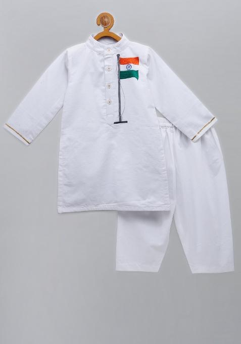 White Embroidered Cotton Kurta Set Independence Day Republic Day For Boys