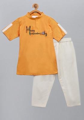 Orange Embroidered Cotton Silk Kurta Set Independence Day Republic Day For Boys