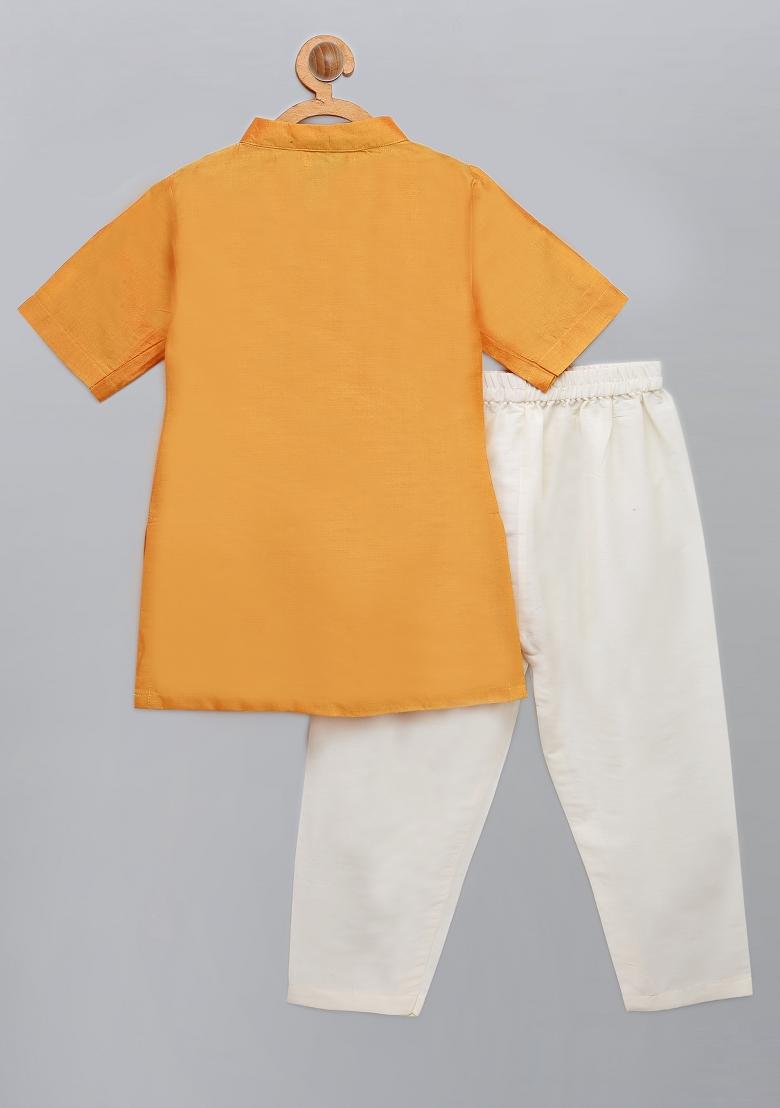 Orange Embroidered Cotton Silk Kurta Set Independence Day Republic Day For Boys