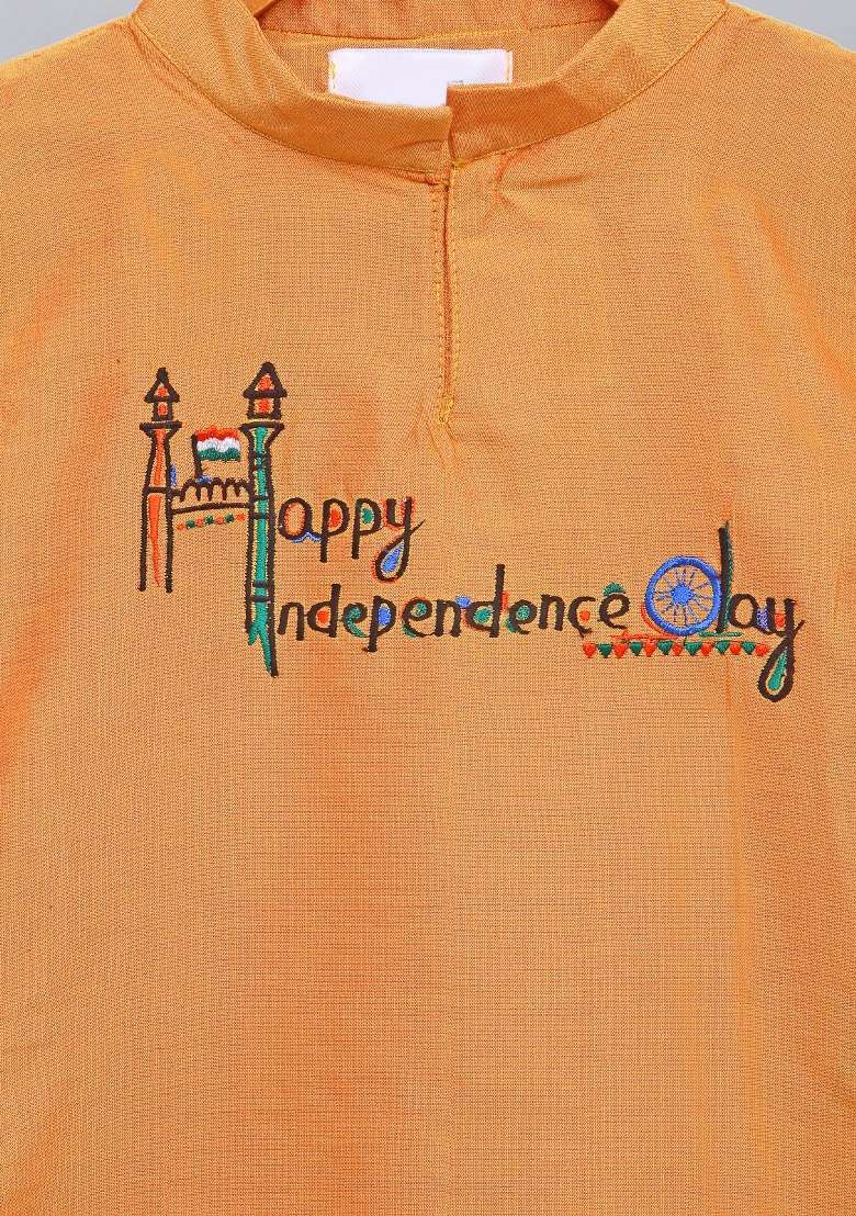 Orange Embroidered Cotton Silk Kurta Set Independence Day Republic Day For Boys - Indya
