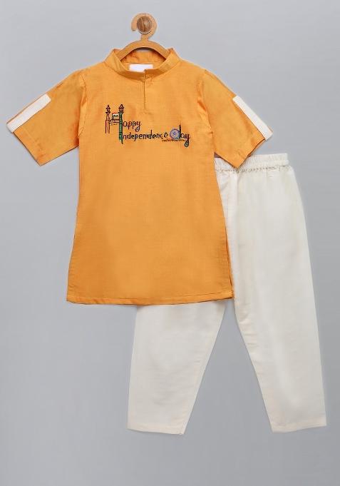 Orange Embroidered Cotton Silk Kurta Set Independence Day Republic Day For Boys