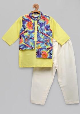 Lime Yellow Printed Cotton Silk Kurta Set For Boys