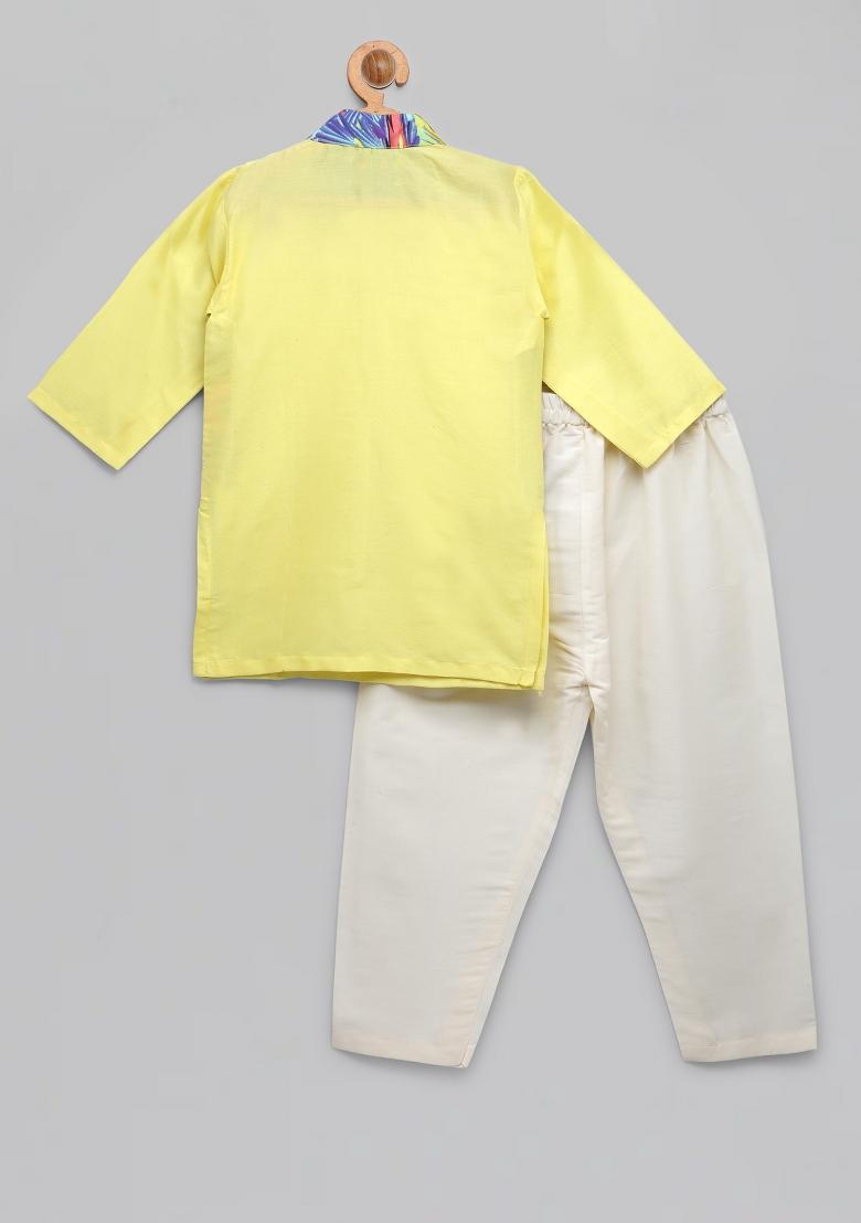 Lime Yellow Printed Cotton Silk Kurta Set For Boys