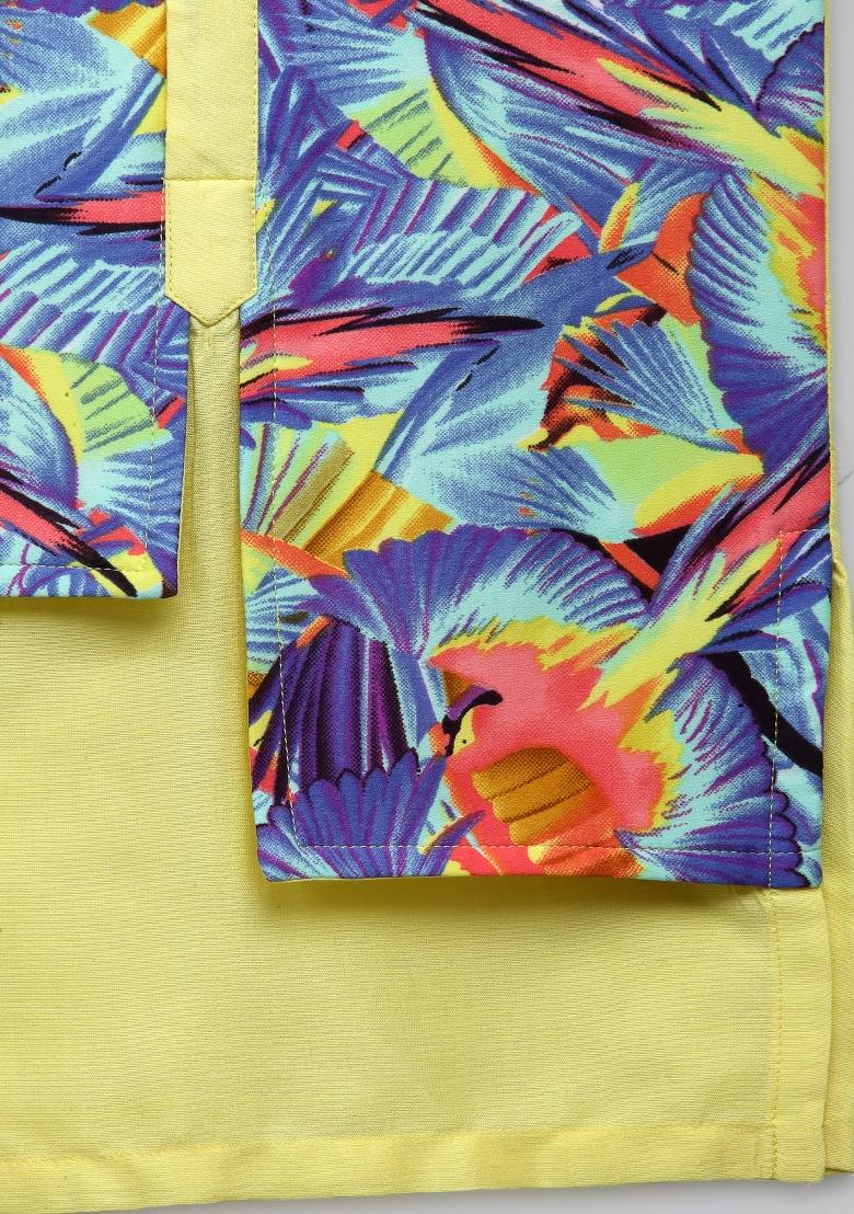 Lime Yellow Printed Cotton Silk Kurta Set For Boys