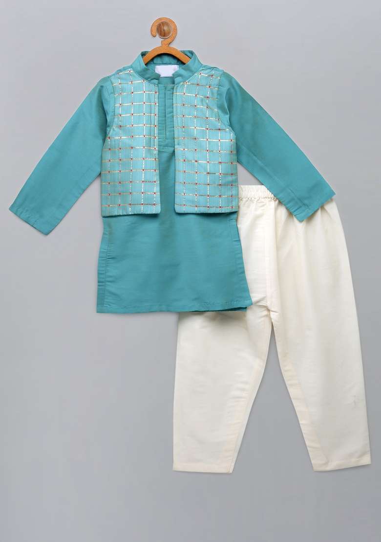 Blue Embroidered Cotton Silk Kurta Set For Boys - Indya