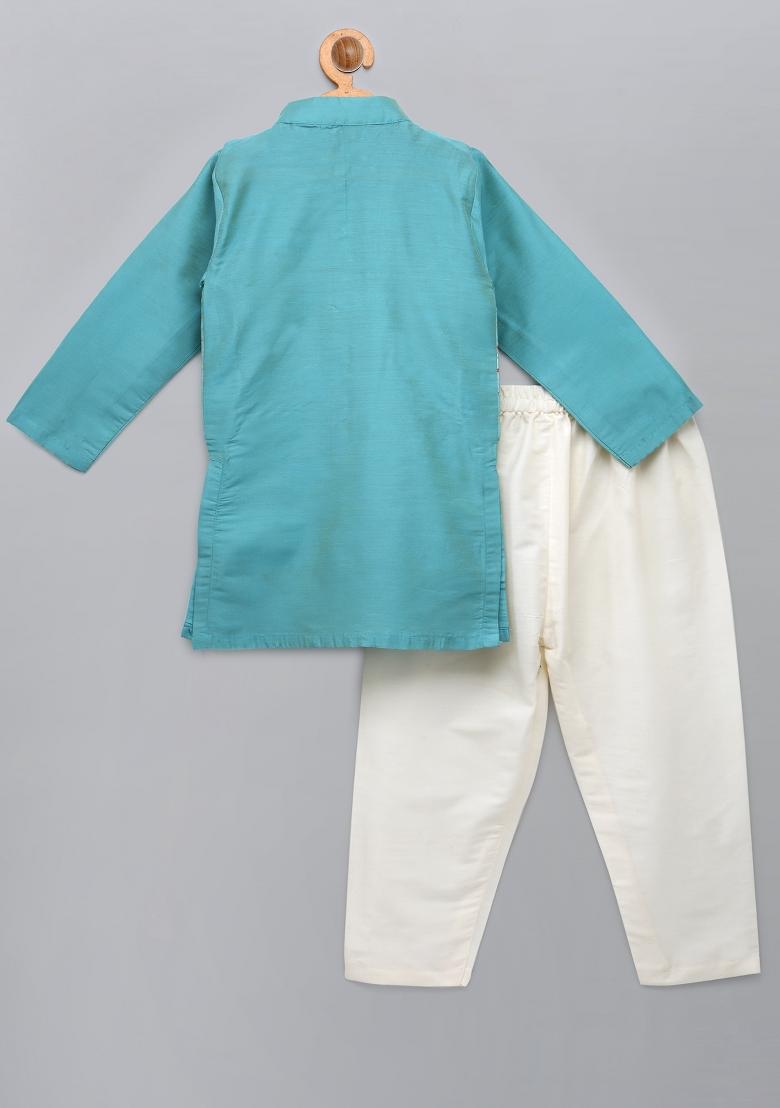 Blue Embroidered Cotton Silk Kurta Set For Boys