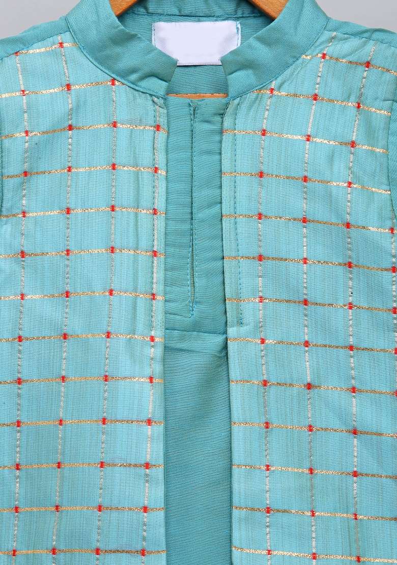 Blue Embroidered Cotton Silk Kurta Set For Boys - Indya