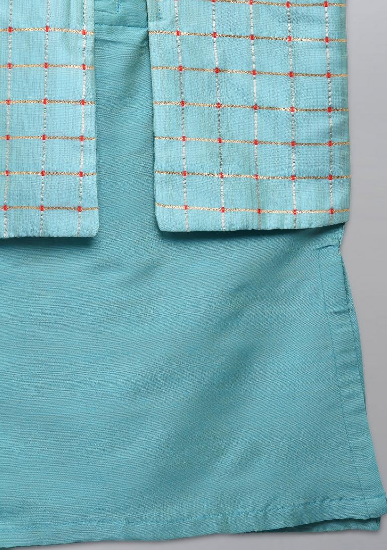 Blue Embroidered Cotton Silk Kurta Set For Boys