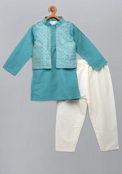 Blue Embroidered Cotton Silk Kurta Set For Boys