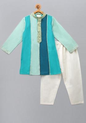 Multi Green Embroidered Cotton Silk Kurta Set Eid For Boys