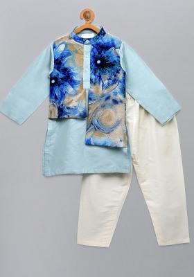 Pastel Blue Digital Print Cotton Silk Kurta Set For Boys