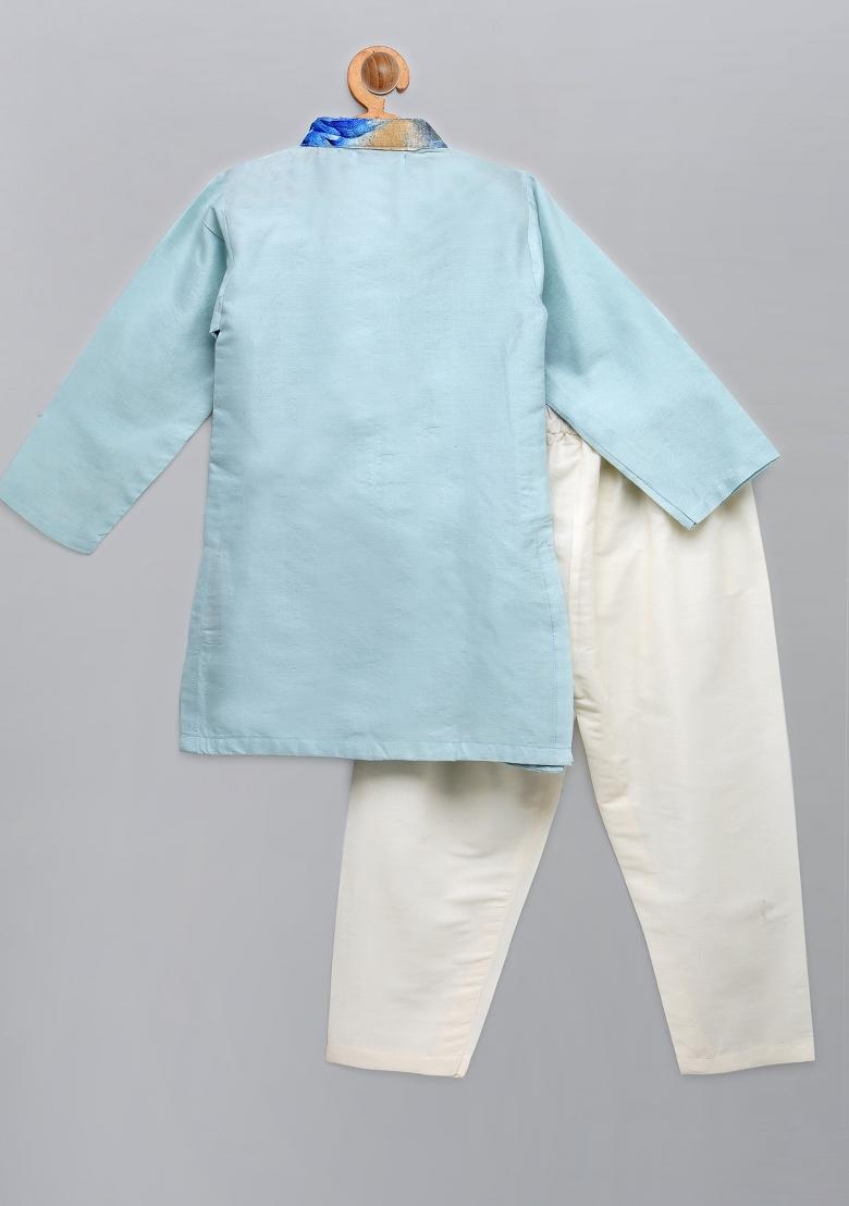 Pastel Blue Digital Print Cotton Silk Kurta Set For Boys