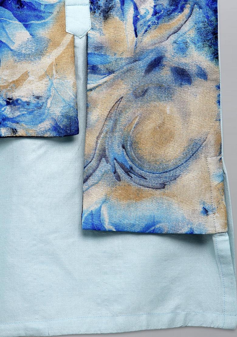 Pastel Blue Digital Print Cotton Silk Kurta Set For Boys