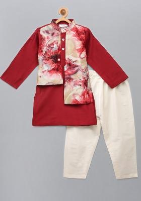 Deep Red Digital Print Cotton Silk Kurta Set For Boys