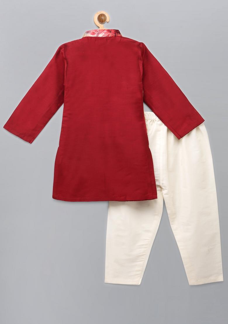 Deep Red Digital Print Cotton Silk Kurta Set For Boys