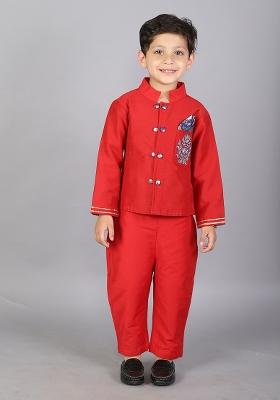 Red Embroidered Cotton Silk Bandhgala Set Wedding For Boys