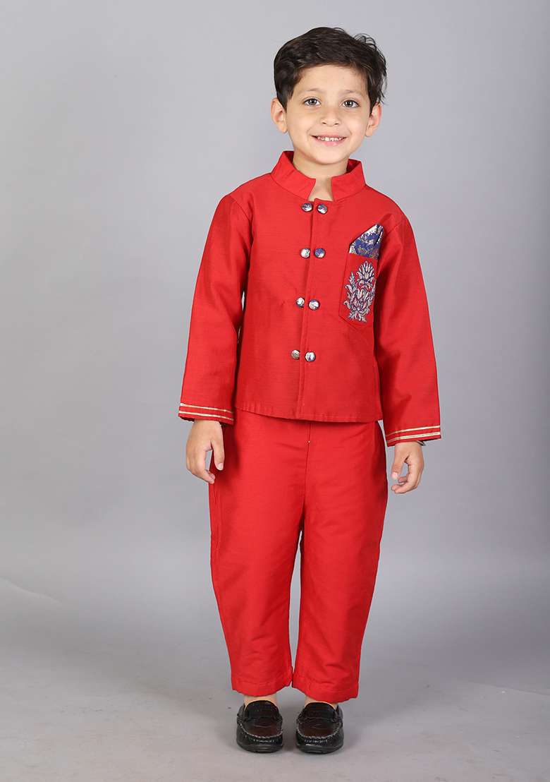 Red Embroidered Cotton Silk Bandhgala Set Wedding For Boys - Indya