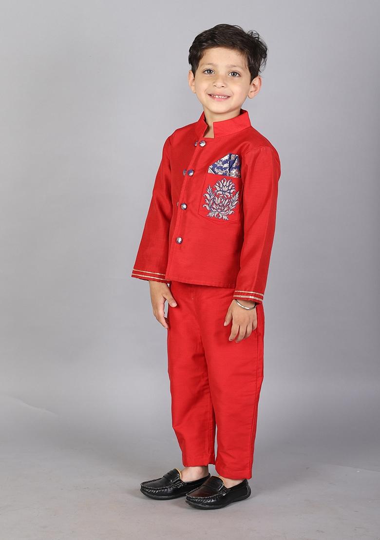 Red Embroidered Cotton Silk Bandhgala Set Wedding For Boys