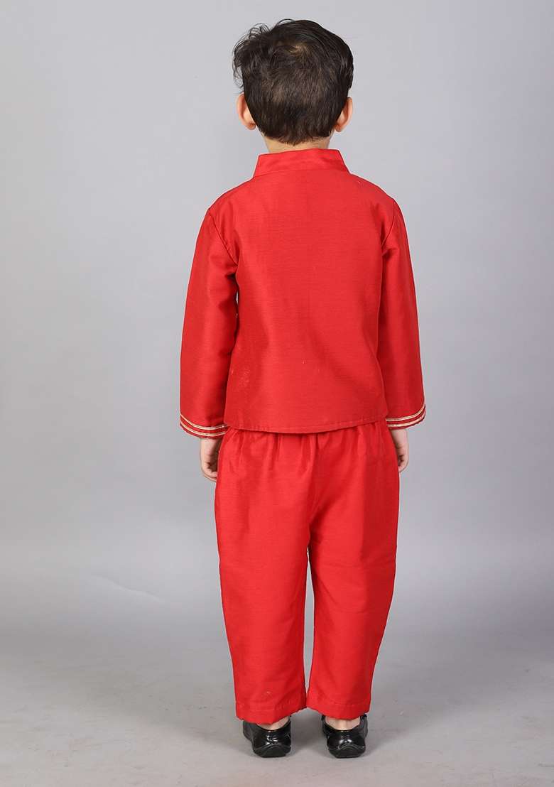 Red Embroidered Cotton Silk Bandhgala Set Wedding For Boys - Indya