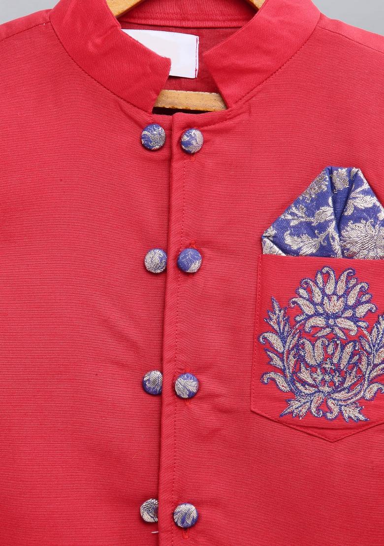 Red Embroidered Cotton Silk Bandhgala Set Wedding For Boys