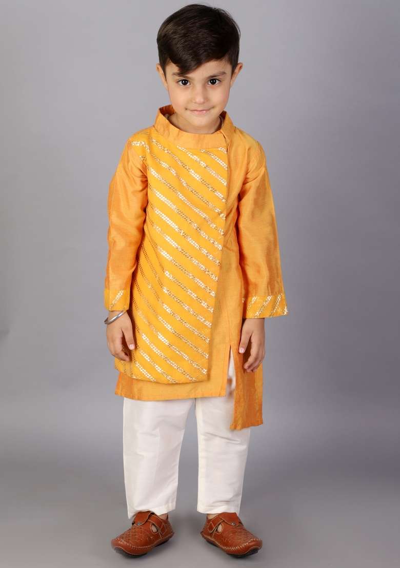 Orange Embroidered Cotton Silk Kurta Set For Boys - Indya
