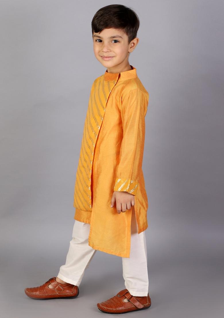 Orange Embroidered Cotton Silk Kurta Set For Boys