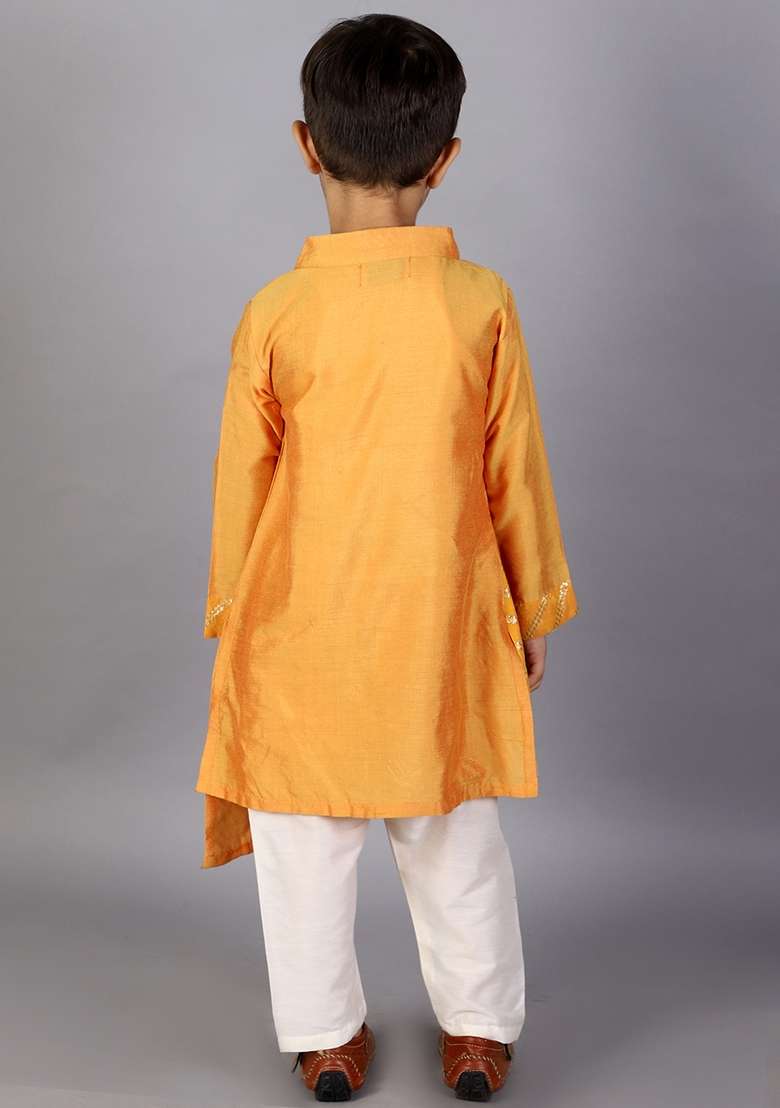 Orange Embroidered Cotton Silk Kurta Set For Boys - Indya