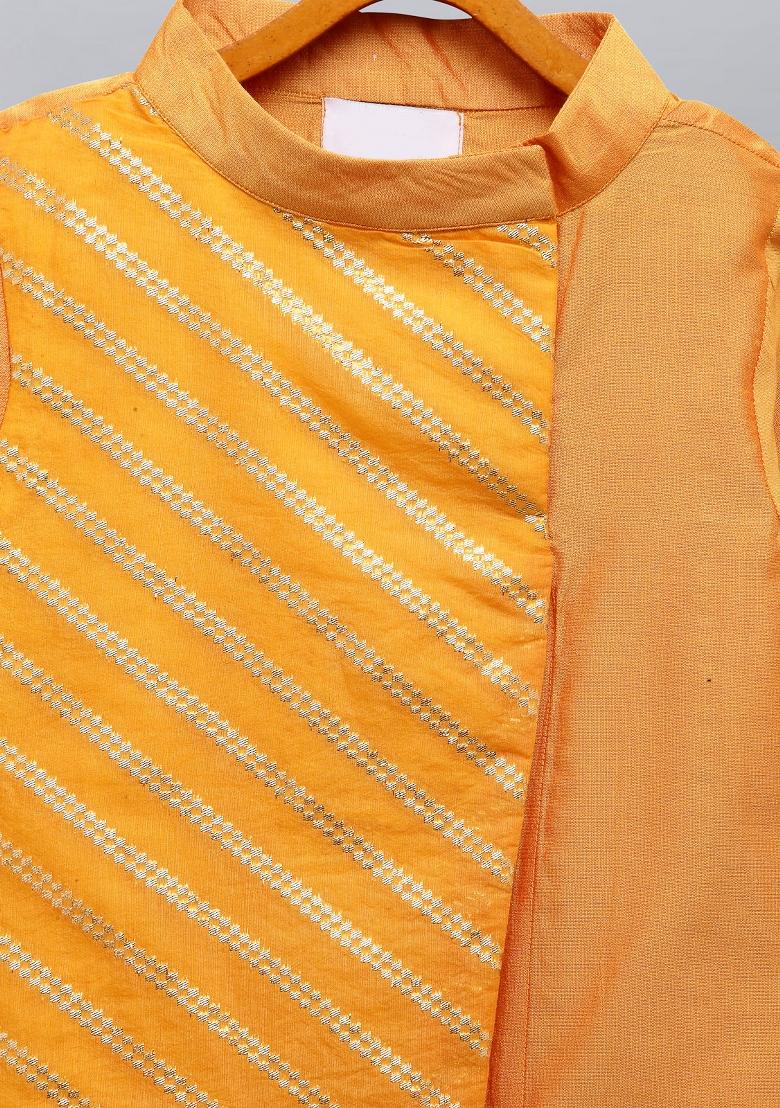 Orange Embroidered Cotton Silk Kurta Set For Boys