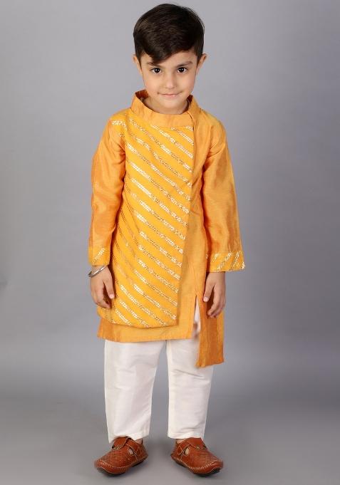 Orange Embroidered Cotton Silk Kurta Set For Boys