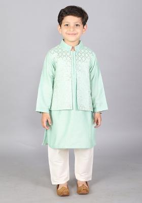 Pastel Green Embroidered Cotton Silk Kurta Set Eid For Boys