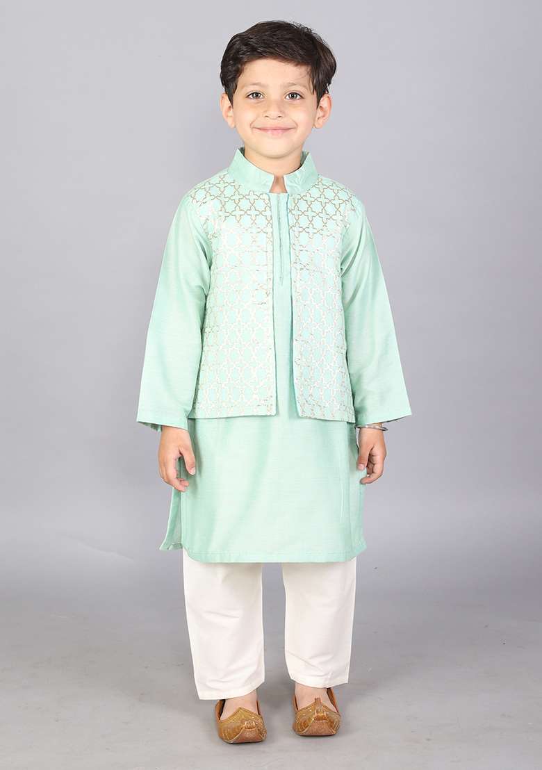 Pastel Green Embroidered Cotton Silk Kurta Set Eid For Boys - Indya