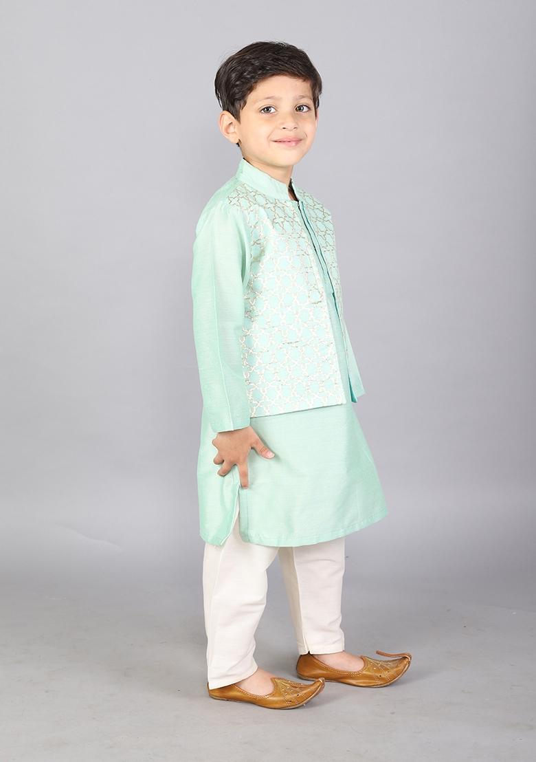 Pastel Green Embroidered Cotton Silk Kurta Set Eid For Boys