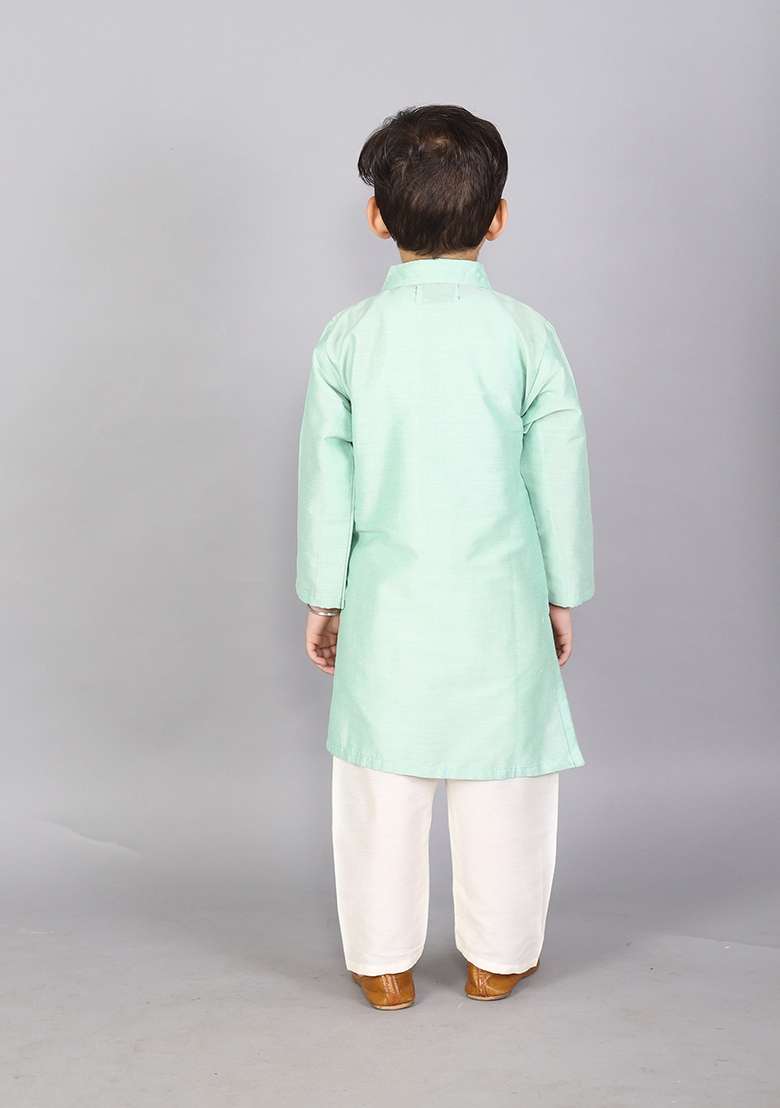Pastel Green Embroidered Cotton Silk Kurta Set Eid For Boys - Indya