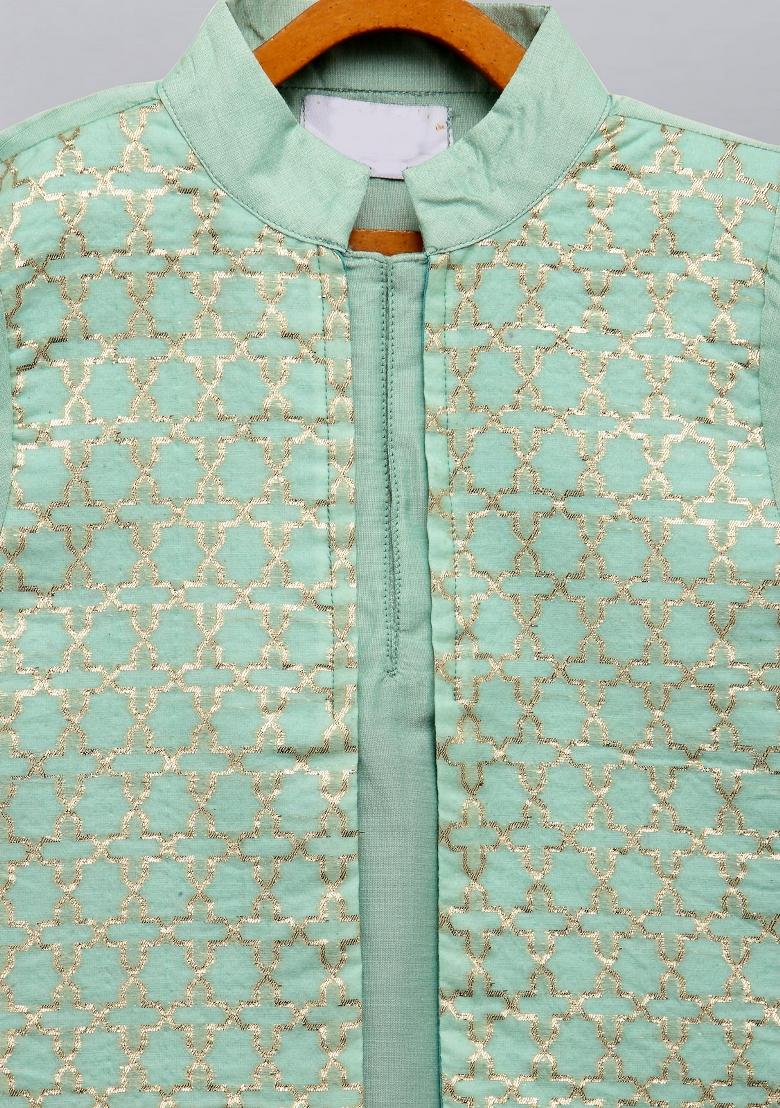 Pastel Green Embroidered Cotton Silk Kurta Set Eid For Boys