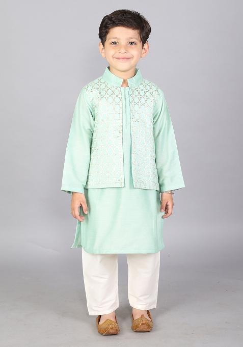 Pastel Green Embroidered Cotton Silk Kurta Set Eid For Boys