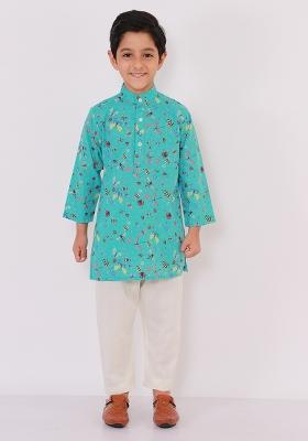 Blue Printed Cotton Kurta Set For Boys