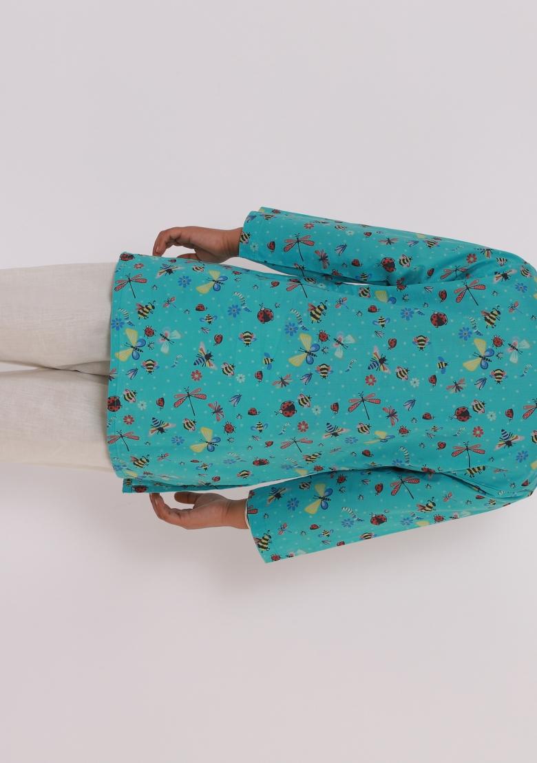 Blue Printed Cotton Kurta Set For Boys