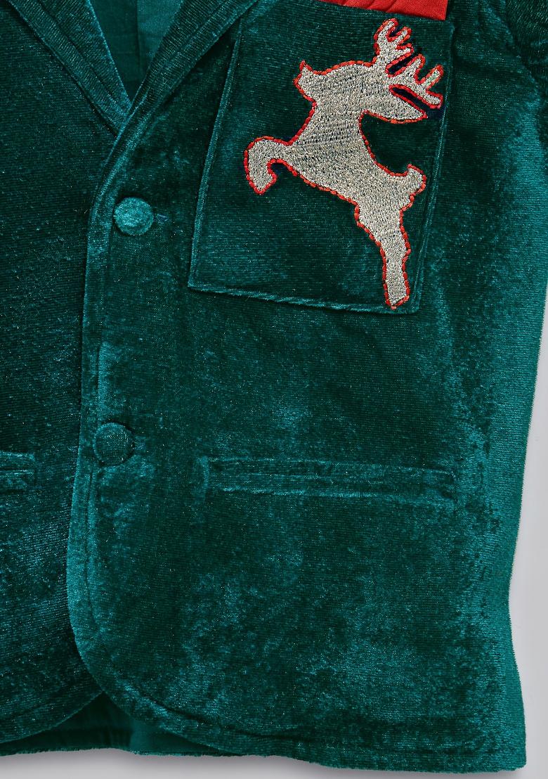 Green Embroidered Velvet Blazer Christmas For Boys