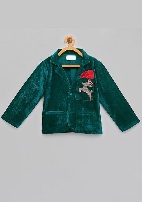 Green Embroidered Velvet Blazer Christmas For Boys