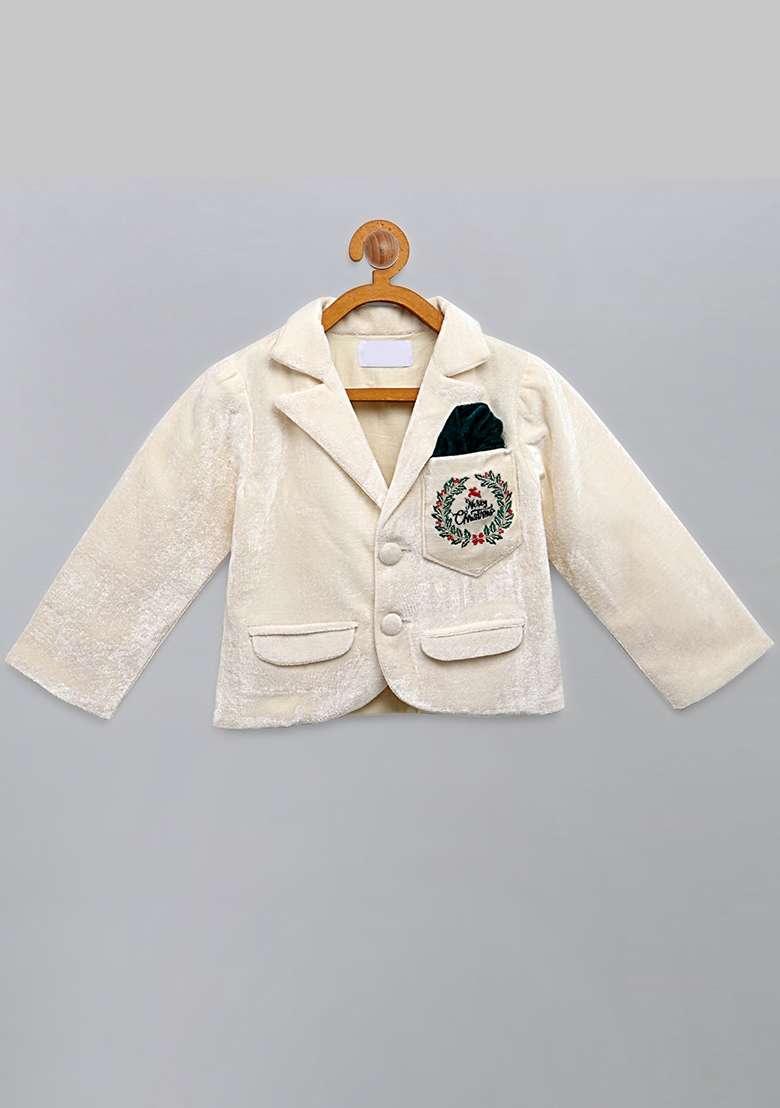 Off White Embroidered Velvet Blazer Christmas For Boys - Indya
