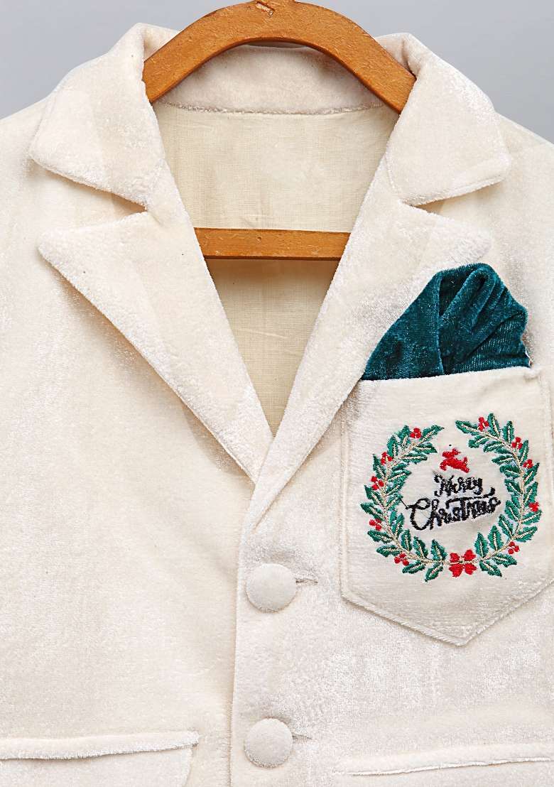 Off White Embroidered Velvet Blazer Christmas For Boys - Indya