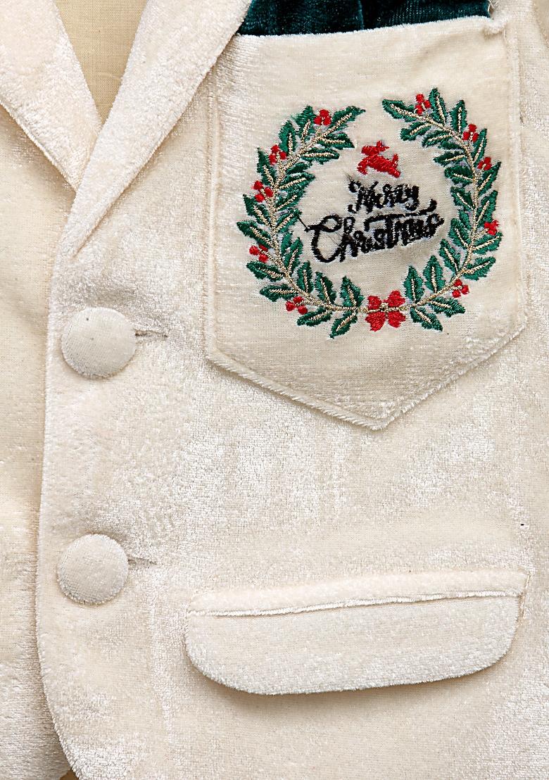 Off White Embroidered Velvet Blazer Christmas For Boys