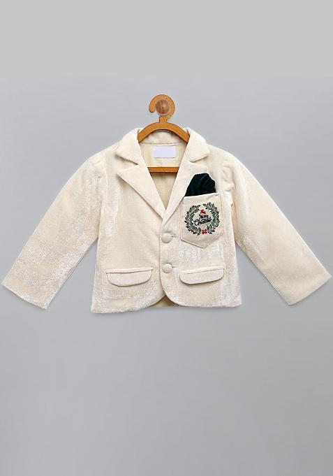 Off White Embroidered Velvet Blazer Christmas For Boys