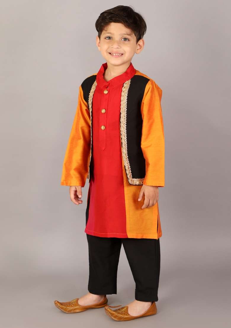 Multicolor Embroidered Cotton Silk Kurta Set For Boys - Indya
