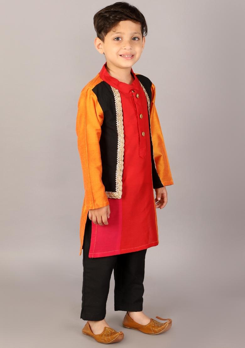 Multicolor Embroidered Cotton Silk Kurta Set For Boys