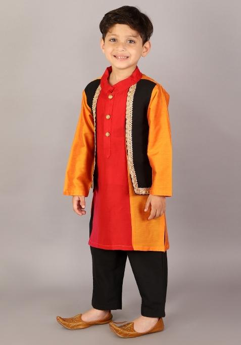 Multicolor Embroidered Cotton Silk Kurta Set For Boys