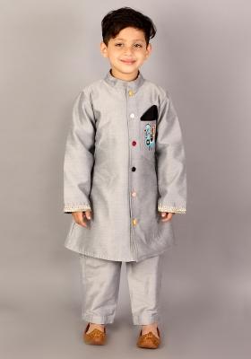 Grey Embroidered Cotton Silk Bandhgala Sherwani For Boys